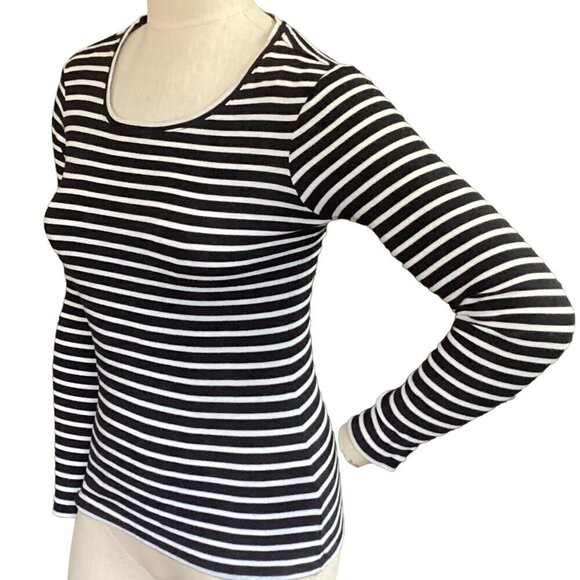 Caslon Striped Round Neck Long Sleeve Cotton Tee Top M Black & White 42i - Picture 3 of 7